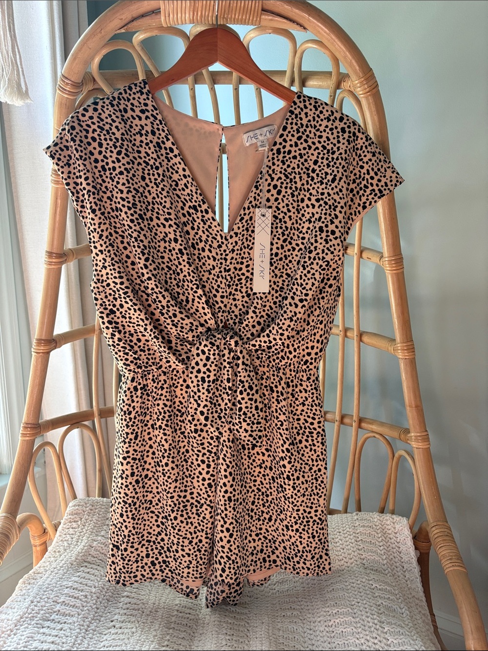 She + Sky Tan and Black Leopard-Print Tie-Front Romper